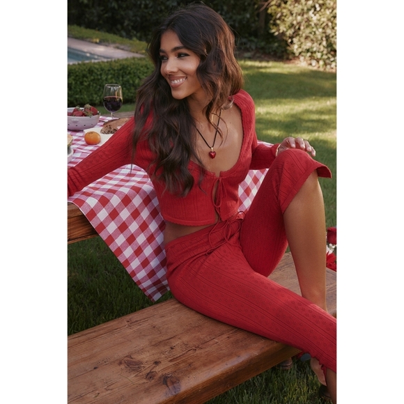 HOUSE OF CB Perla Cherry Pointelle Knit Top + Abigail Capri Trouser Red Set - Picture 3 of 16
